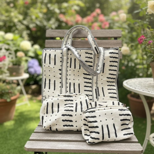 Chic in stripes white tote and pouches (With Zipper)