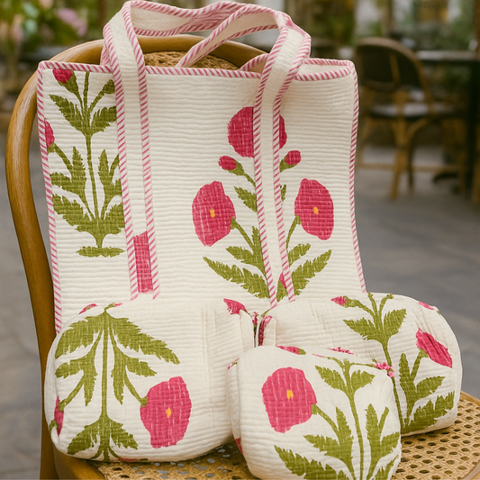 Calming Pink Flower Tote and Pouches (With Zipper)