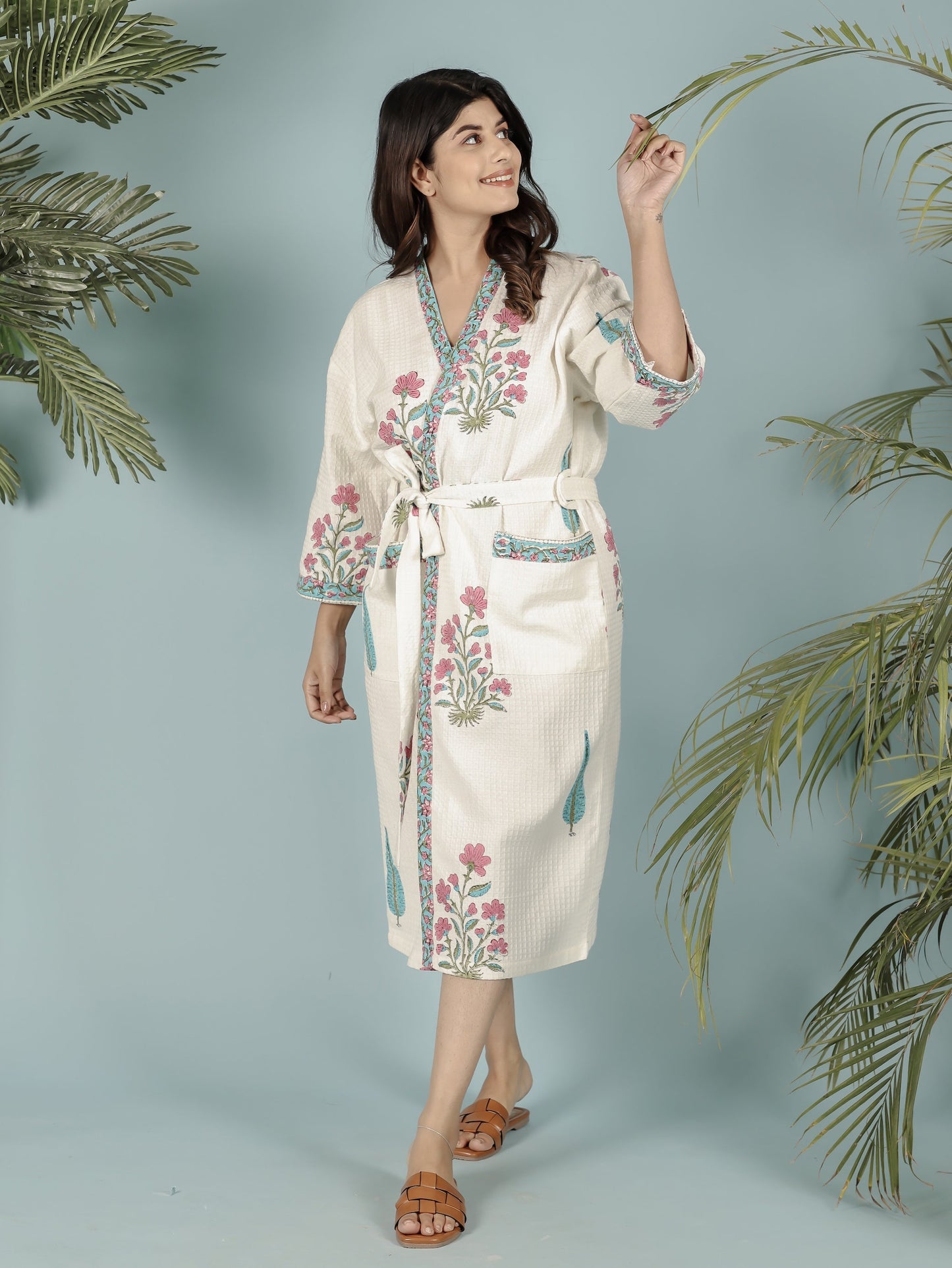 Luxury Waffle Cotton Bathrobe – Unisex | Handblock Printed | Free Size