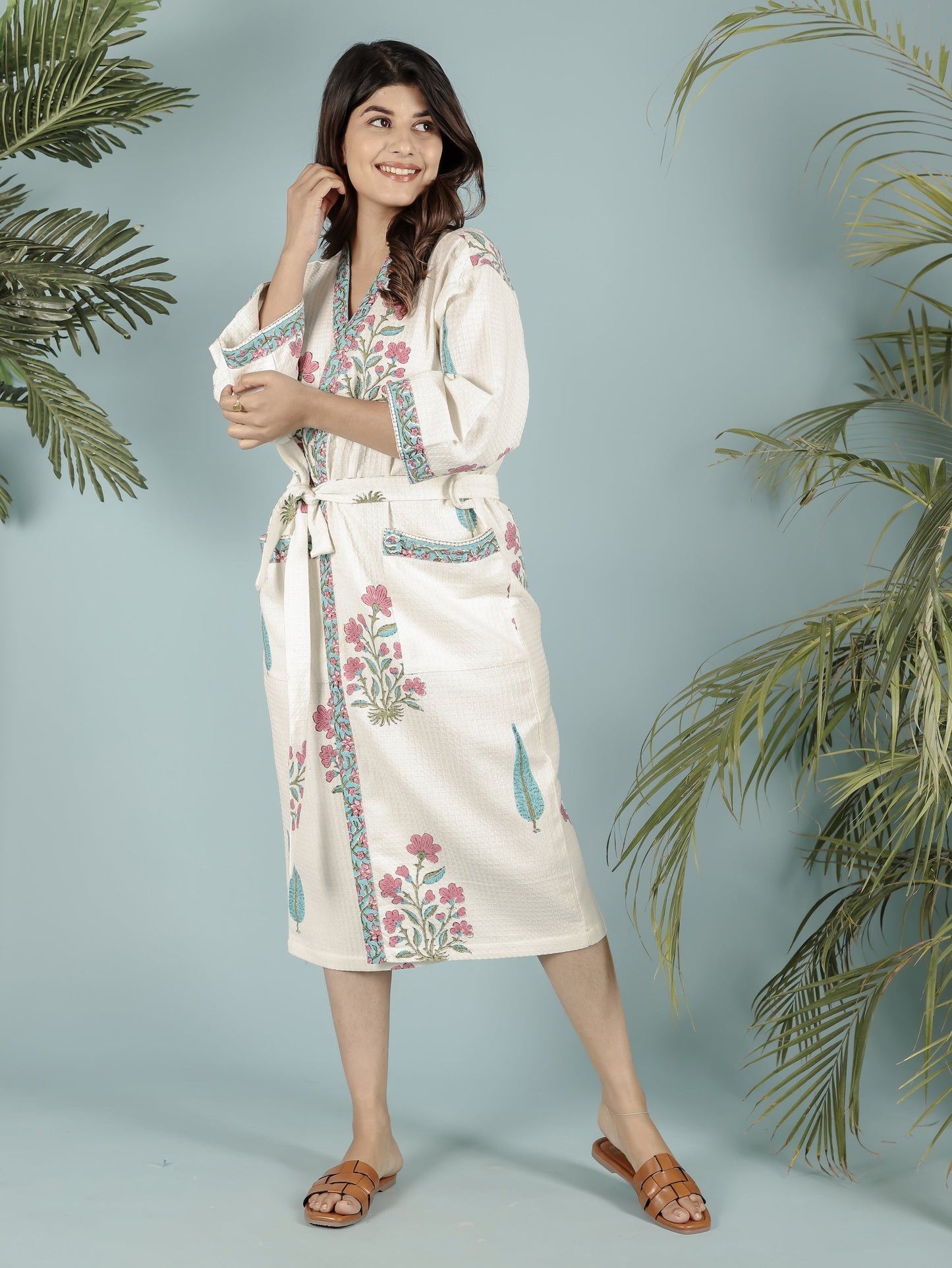 Luxury Waffle Cotton Bathrobe – Unisex | Handblock Printed | Free Size