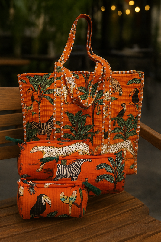 Orange Jungle Safari Tote and Pouches (With Zipper)
