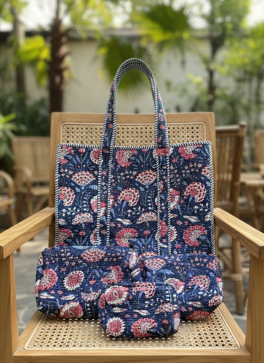 The Indigo Bloom Tote and Pouches (With Zipper)