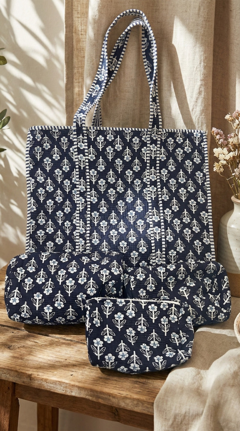 The Navy Tapestry Tote and Pouches (With Zipper)