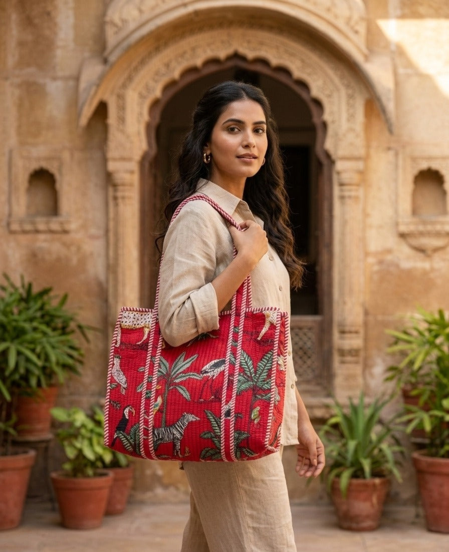 Red Jungle Safari Tote (With Zipper)
