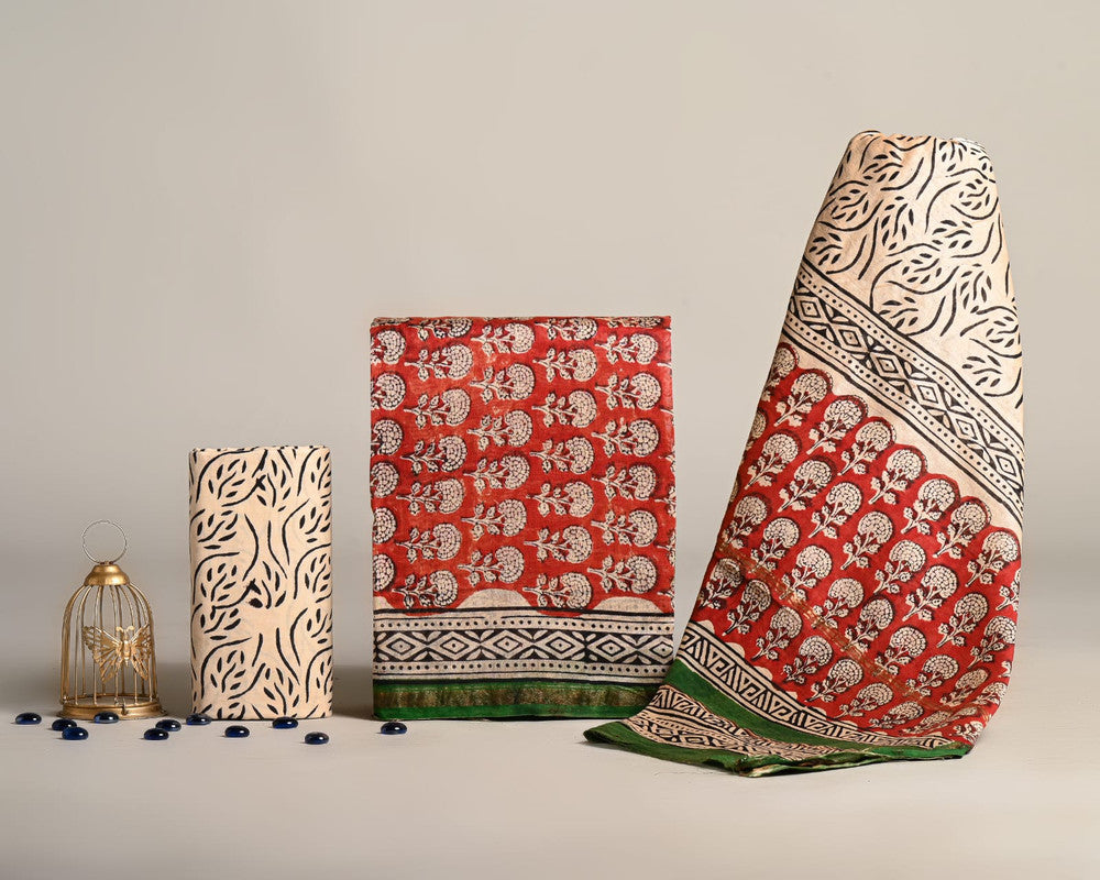 EXCLUSIVE HAND BLOCK PRINT CHANDERI SILK SUIT SET