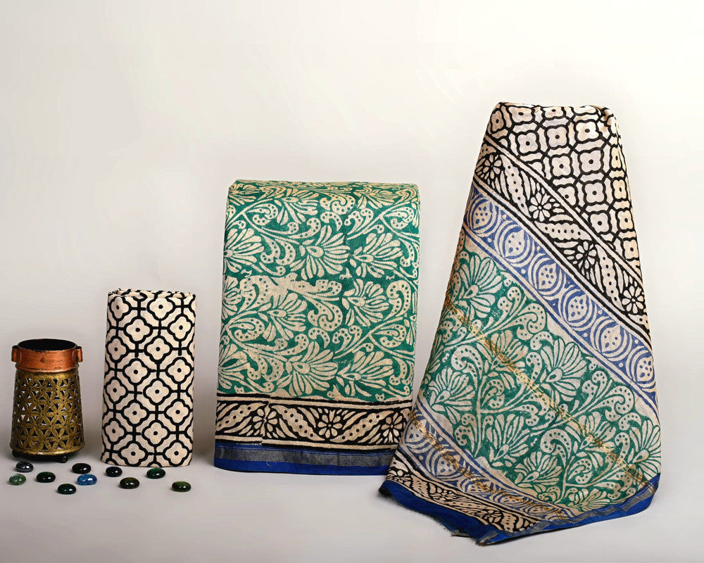 EXCLUSIVE HAND BLOCK PRINT CHANDERI SILK SUIT SET