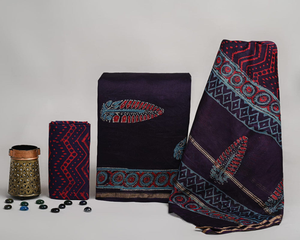 EXCLUSIVE HAND BLOCK PRINT CHANDERI SILK SUIT SET