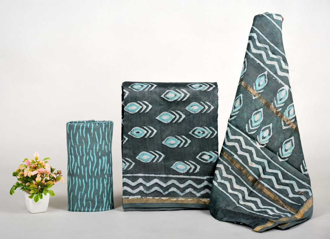 EXCLUSIVE HAND BLOCK PRINT CHANDERI SILK SUIT SET