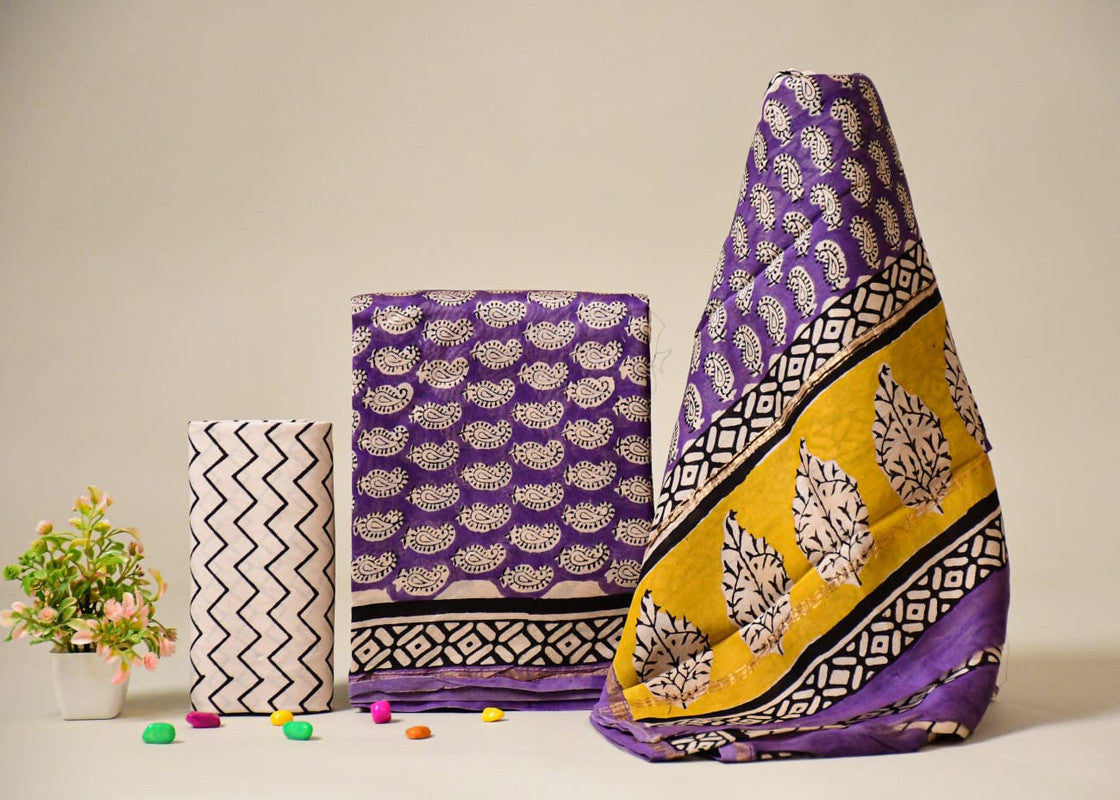 EXCLUSIVE HAND BLOCK PRINT CHANDERI SILK SUIT SET