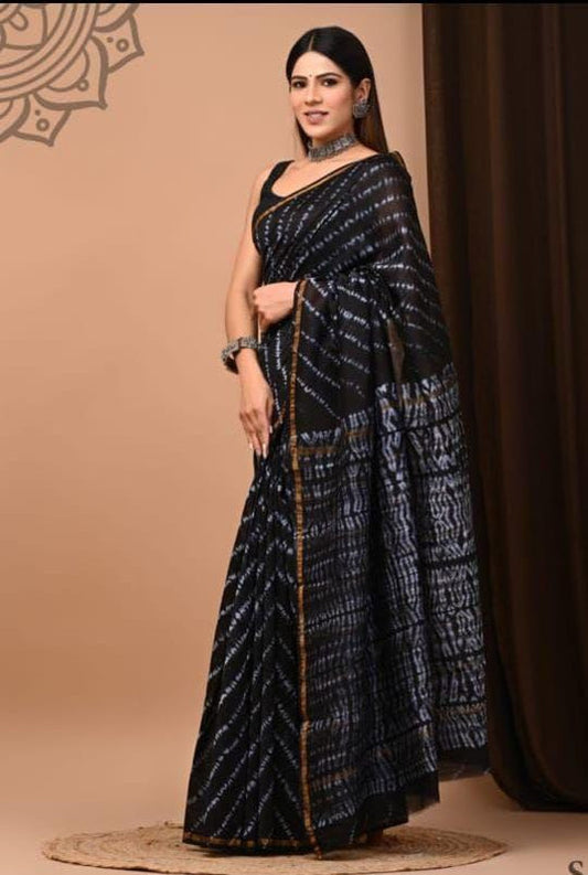 CHANDERI SILK BAGRU PRINT SAREE WITH ZARI BORDER
