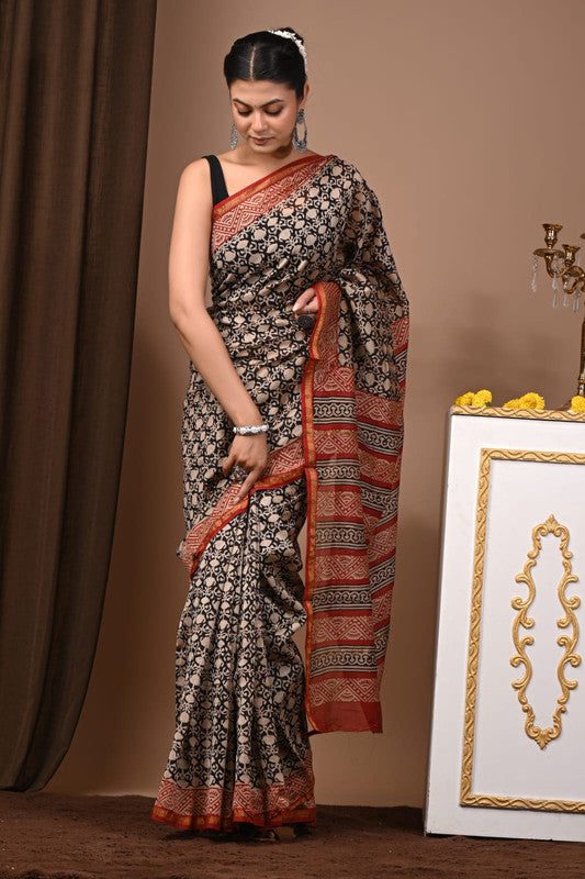 CHANDERI SILK BAGRU PRINT SAREE WITH ZARI BORDER