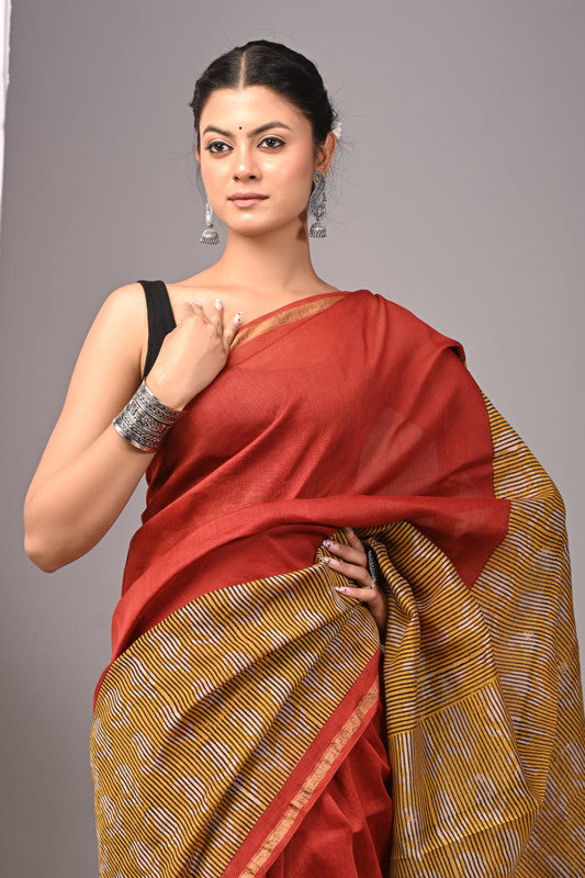CHANDERI SILK BAGRU PRINT SAREE WITH ZARI BORDER