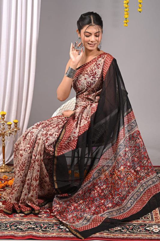 CHANDERI SILK BAGRU PRINT SAREE WITH ZARI BORDER