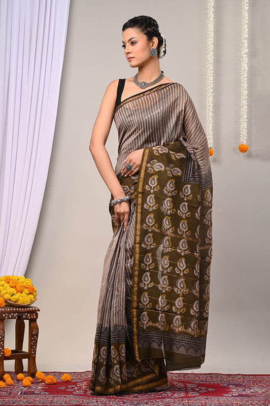 CHANDERI SILK BAGRU PRINT SAREE WITH ZARI BORDER