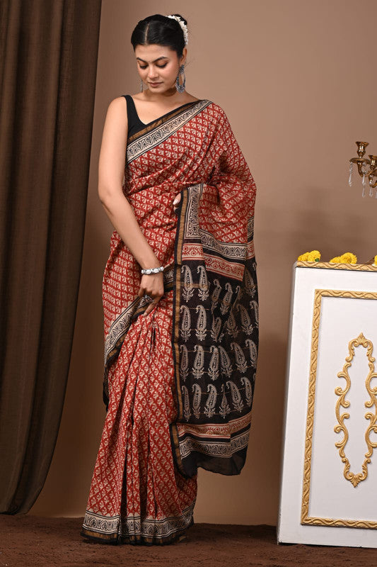 CHANDERI SILK BAGRU PRINT SAREE WITH ZARI BORDER