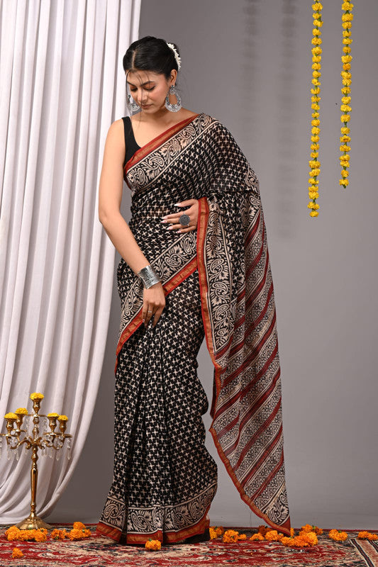CHANDERI SILK BAGRU PRINT SAREE WITH ZARI BORDER