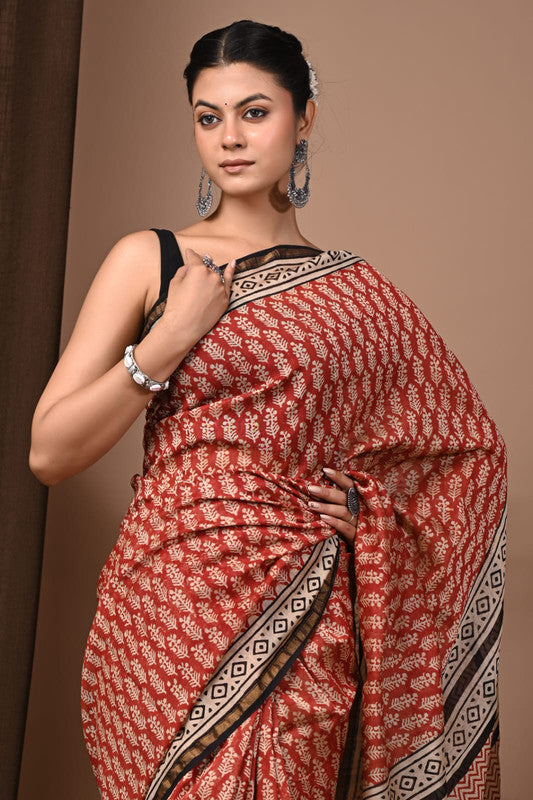 CHANDERI SILK BAGRU PRINT SAREE WITH ZARI BORDER