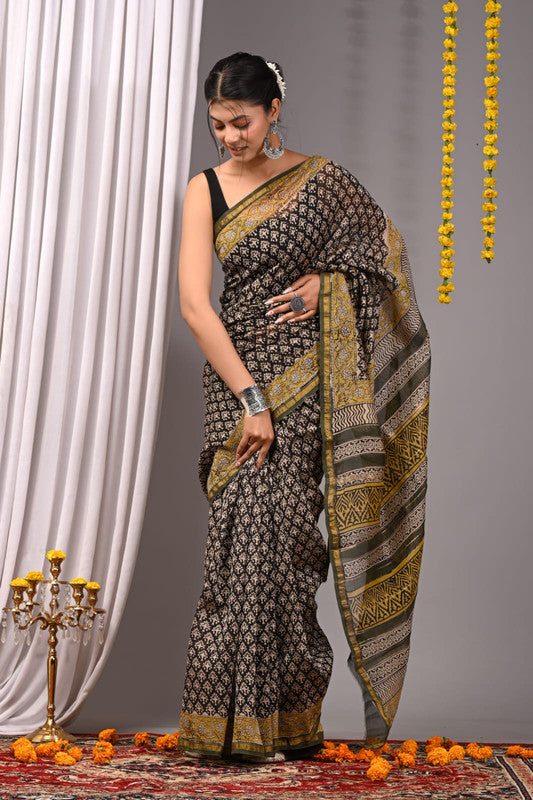 CHANDERI SILK BAGRU PRINT SAREE WITH ZARI BORDER