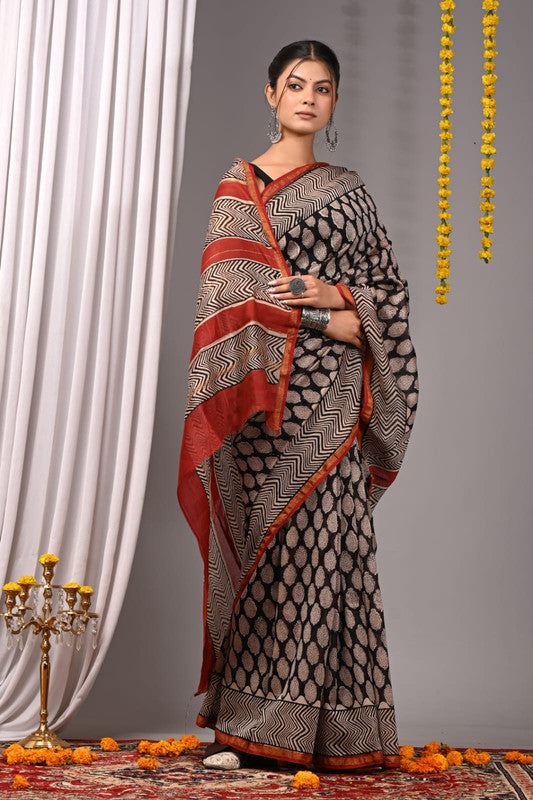 CHANDERI SILK BAGRU PRINT SAREE WITH ZARI BORDER