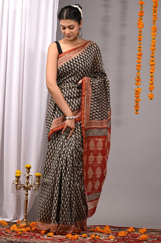 CHANDERI SILK BAGRU PRINT SAREE WITH ZARI BORDER