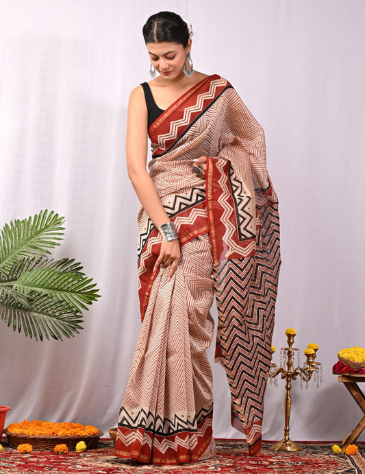 CHANDERI SILK BAGRU PRINT SAREE WITH ZARI BORDER