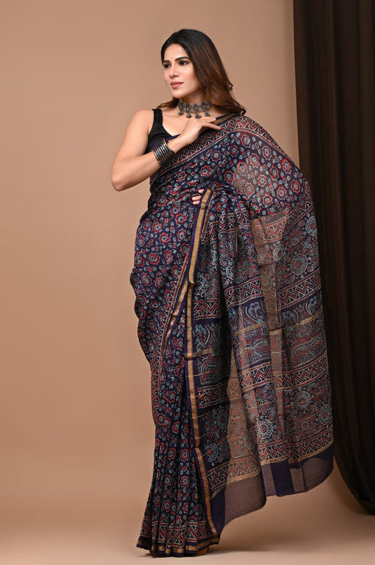CHANDERI SILK BAGRU PRINT SAREE WITH ZARI BORDER