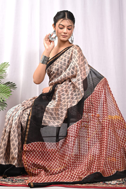 CHANDERI SILK BAGRU PRINT SAREE WITH ZARI BORDER