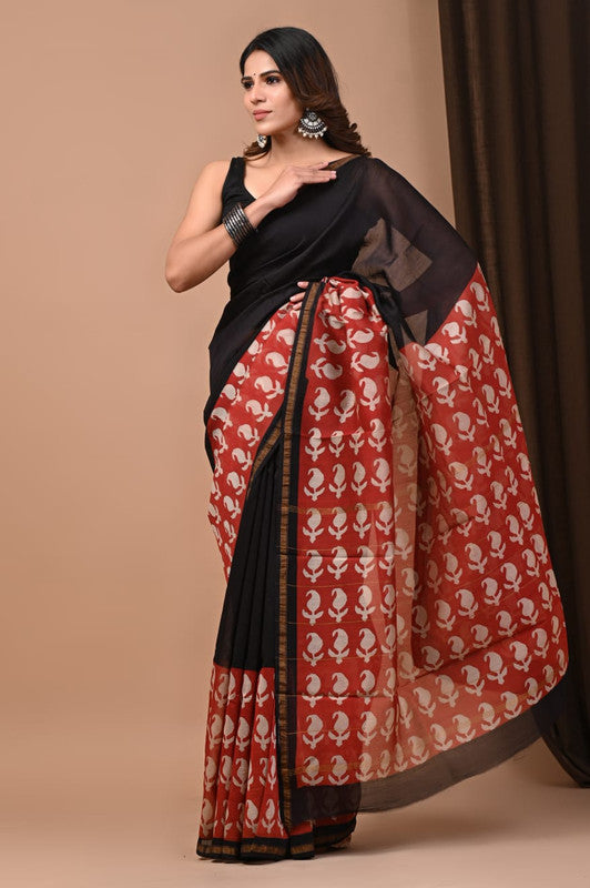 CHANDERI SILK BAGRU PRINT SAREE WITH ZARI BORDER
