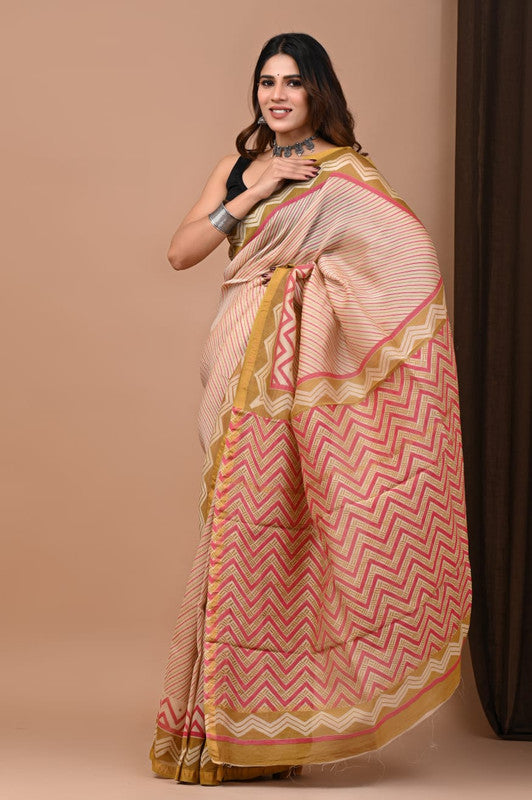 CHANDERI SILK BAGRU PRINT SAREE WITH ZARI BORDER