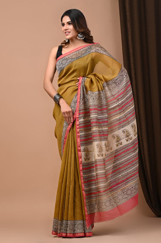 CHANDERI SILK BAGRU PRINT SAREE WITH ZARI BORDER