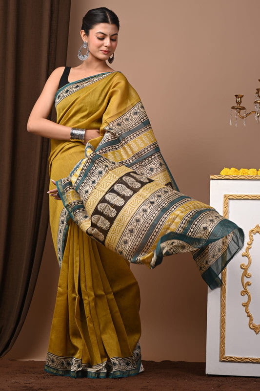 CHANDERI SILK BAGRU PRINT SAREE WITH ZARI BORDER