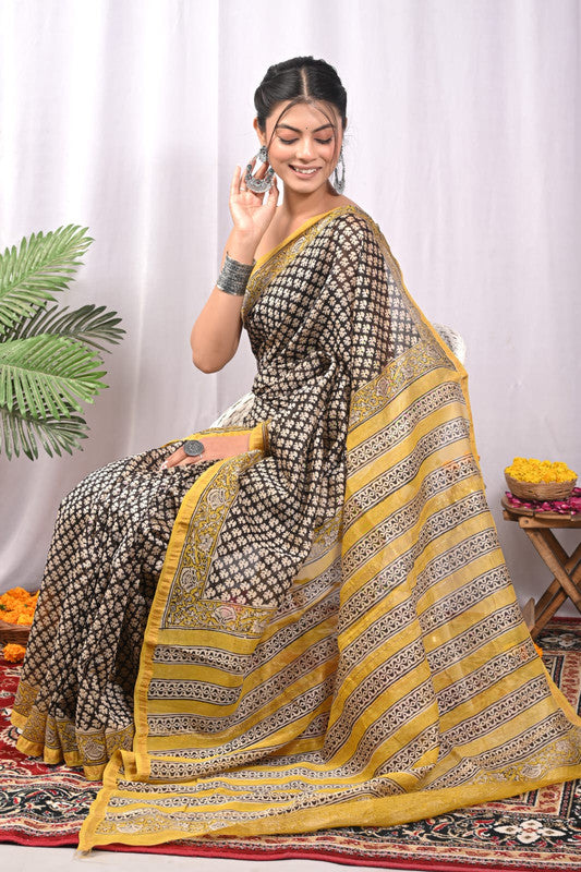 CHANDERI SILK BAGRU PRINT SAREE WITH ZARI BORDER