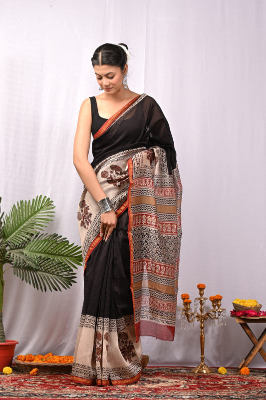 CHANDERI SILK BAGRU PRINT SAREE WITH ZARI BORDER