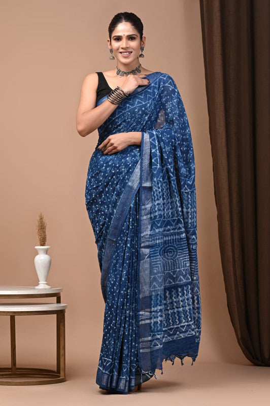 HAND BLOCK PRINTED COTTON LINEN SAREE WITH BLOUSE
