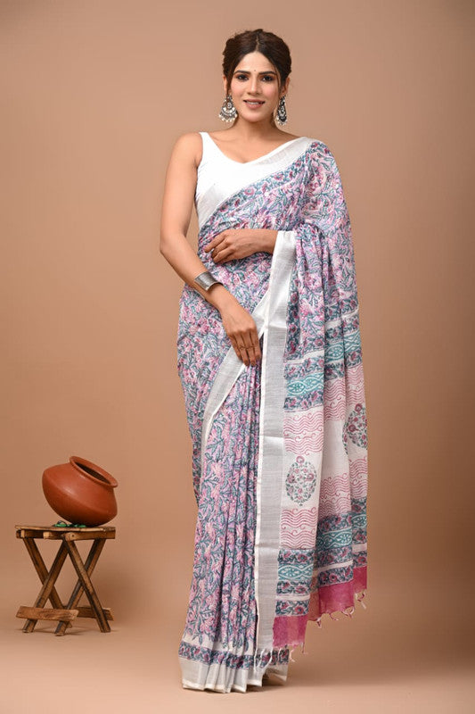 HAND BLOCK PRINTED COTTON LINEN SAREE WITH BLOUSE