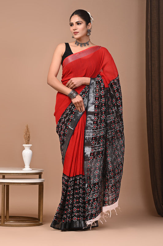 HAND BLOCK PRINTED COTTON LINEN SAREE WITH BLOUSE
