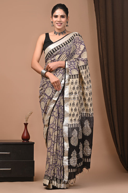 HAND BLOCK PRINTED COTTON LINEN SAREE WITH BLOUSE