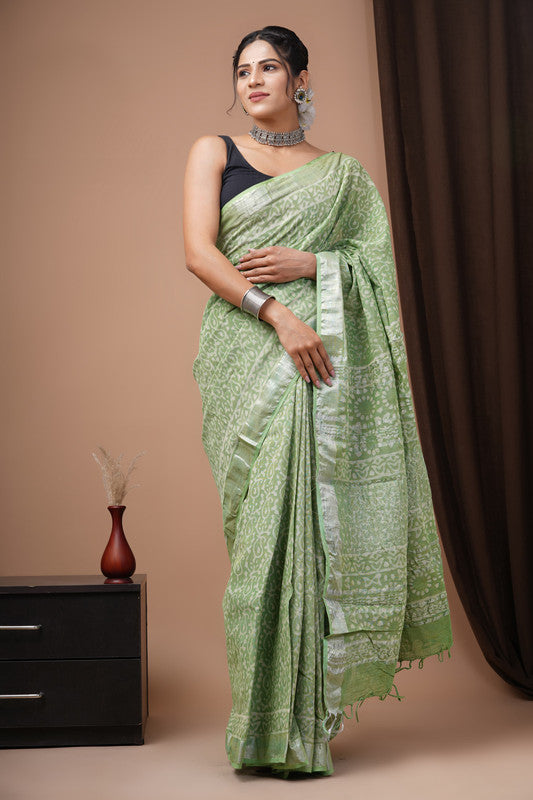HAND BLOCK PRINTED COTTON LINEN SAREE WITH BLOUSE