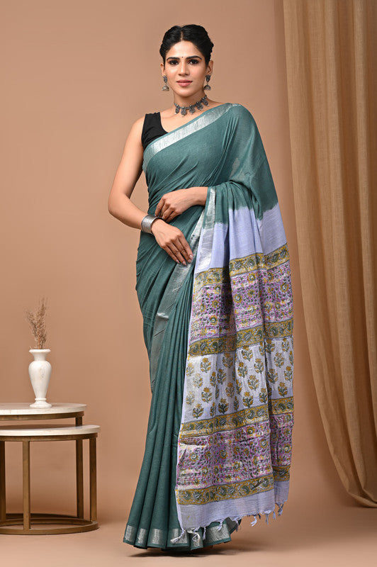 HAND BLOCK PRINTED COTTON LINEN SAREE WITH BLOUSE
