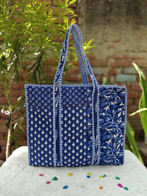 Handblock Printed Quilted Tote Bag with concealed zip ( 17x18x 6 inches)