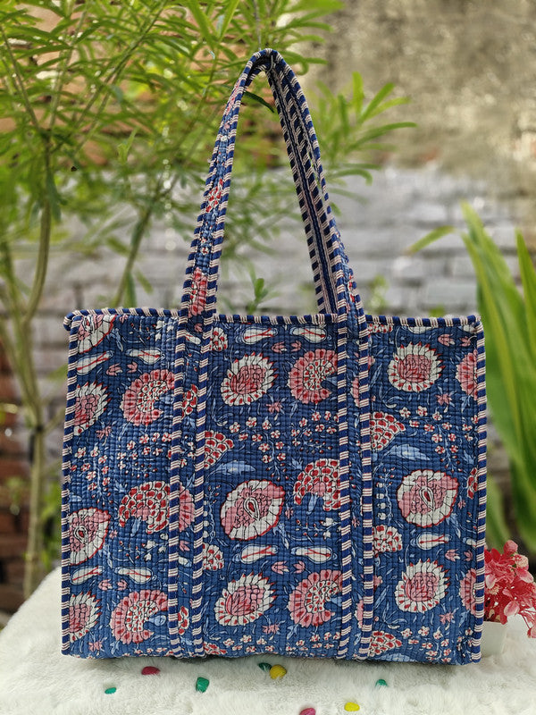 Handblock Printed Quilted Tote Bag with concealed zip 17x18x inches)
