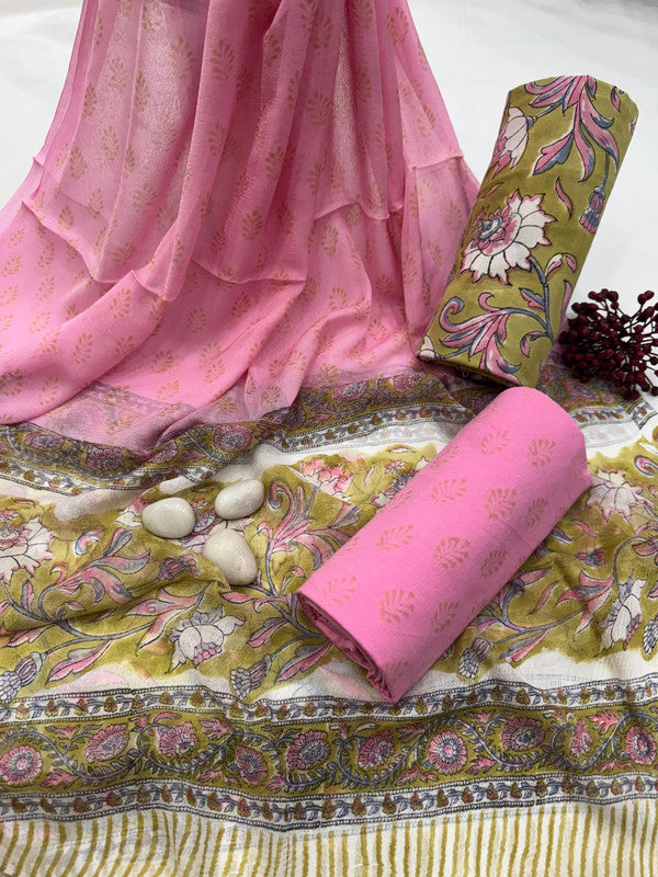 Pure Cotton Unstitched Suit With Chiffon Dupatta