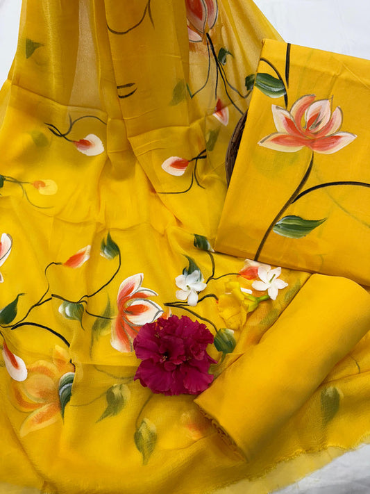 Pure Cotton Handpaint Unstitched Suit With Chiffon Dupatta