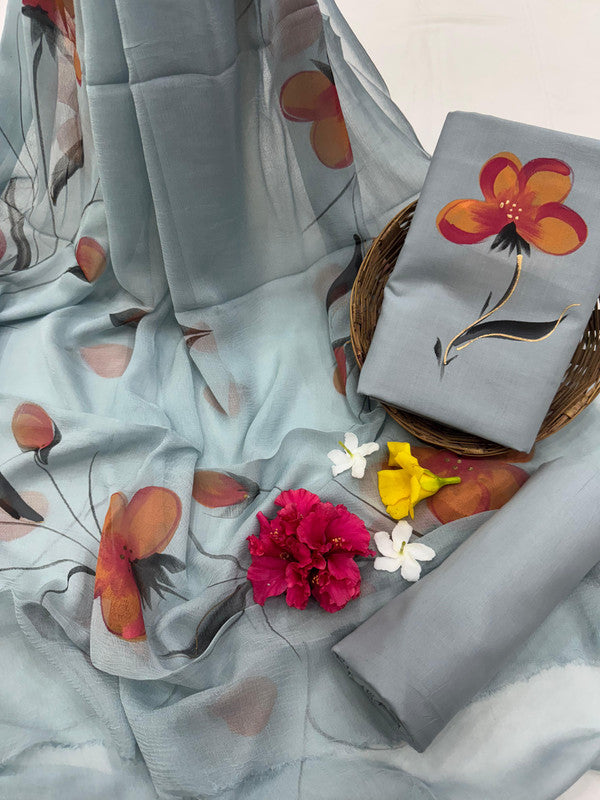 Pure Cotton Handpaint Unstitched Suit With Chiffon Dupatta