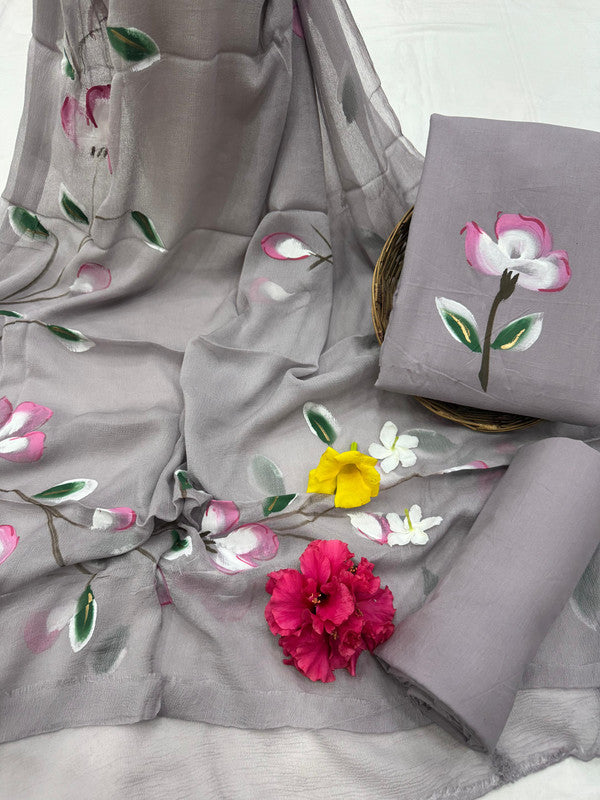 Pure Cotton Handpaint Unstitched Suit With Chiffon Dupatta