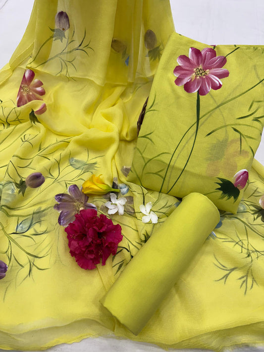 Pure Cotton Handpaint Unstitched Suit With Chiffon Dupatta