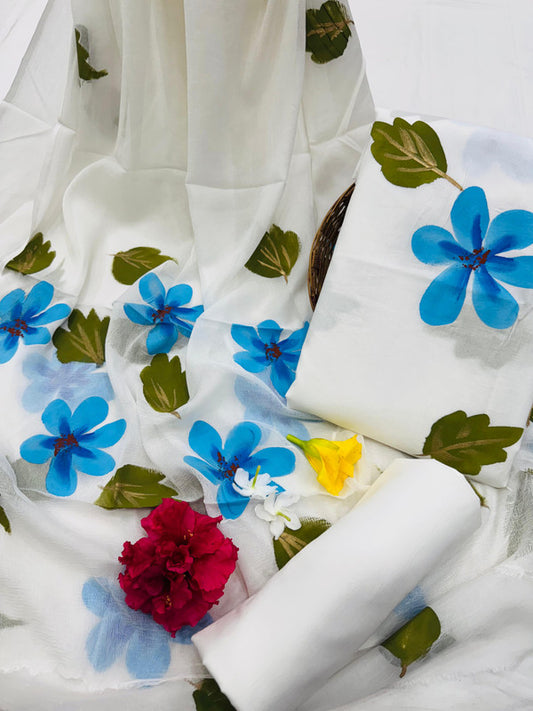 Pure Cotton Handpaint Unstitched Suit With Chiffon Dupatta