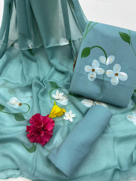 Pure Cotton Handpaint Unstitched Suit With Chiffon Dupatta