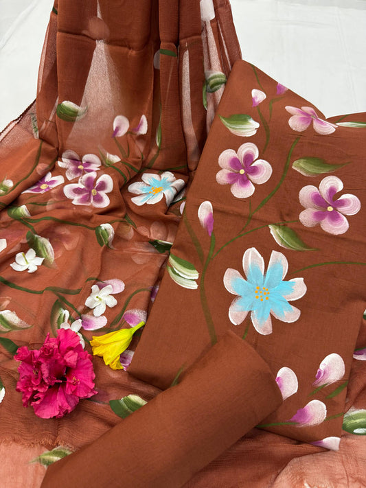 Pure Cotton Handpaint Unstitched Suit With Chiffon Dupatta