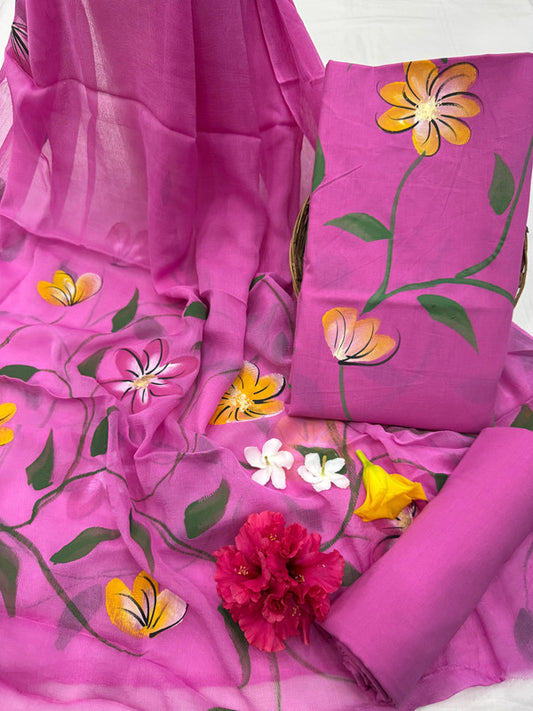 Pure Cotton Handpaint Unstitched Suit With Chiffon Dupatta